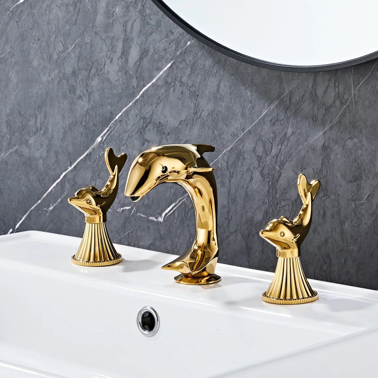 All-copper Gold Bathroom Faucet with 2 Dolphin Handlehot and Cold Double Handle Three-hole Faucet for Bathroom Sink or Bathtub