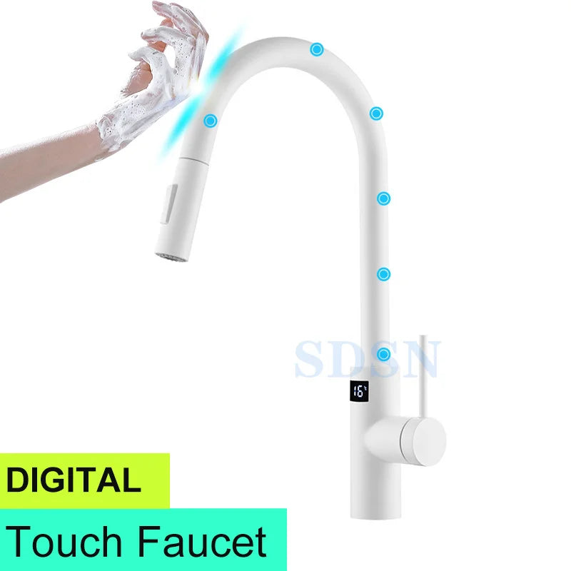Smart Touch Kitchen Faucet with Motion Sensor Hot Cold Pull Out Kitchen Sink Mixer Tap Digital Touch on Activated Kitchen Faucet