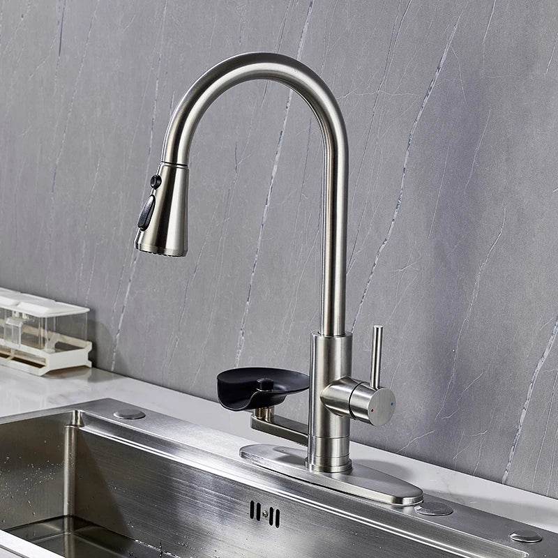 Kitchen Pull Out Faucet With Cup Washer Modern One Handle Kitchen Sink Faucet 3 Function Rotatable 360° Sink Faucet Chrome