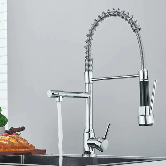 Black Kitchen Sink Faucet Pull-Out Hot and Cold Water Mixing Faucet 2 Modes Double Spout Faucet 360 Degree Rotation
