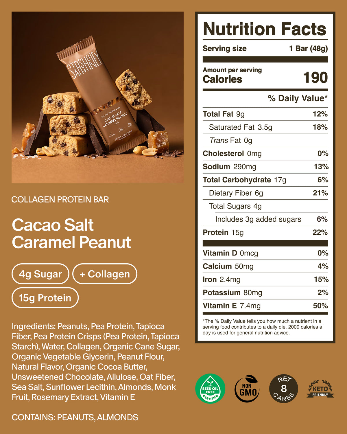 Cacao Salt Caramel Peanut Protein Bars – 15g Protein, 4g Sugar + Collagen – 20 Pack