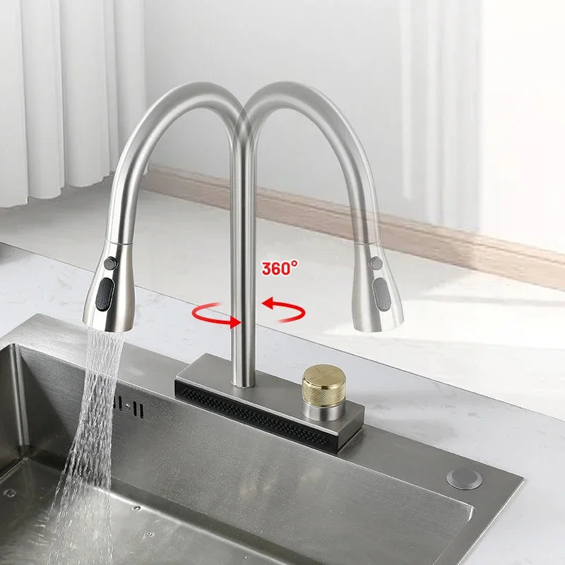 Waterfall Kitchen Sink Faucet with 4 Modes Pull Out Spout Stainless Steel Black One Hole Deck Mounted Kitchen Water Mixer Tap