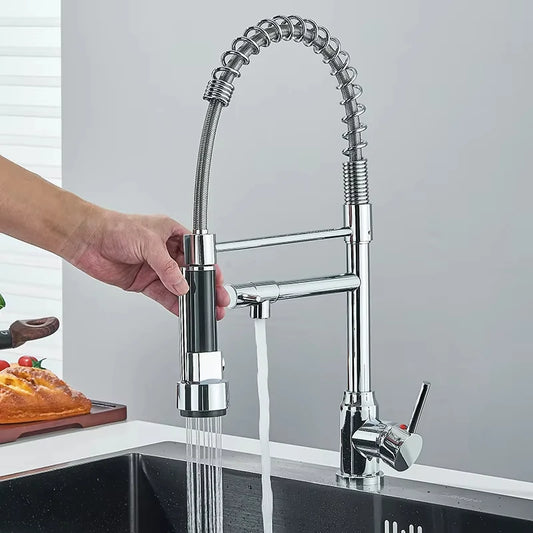 Black Kitchen Sink Faucet Pull-Out Hot and Cold Water Mixing Faucet 2 Modes Double Spout Faucet 360 Degree Rotation