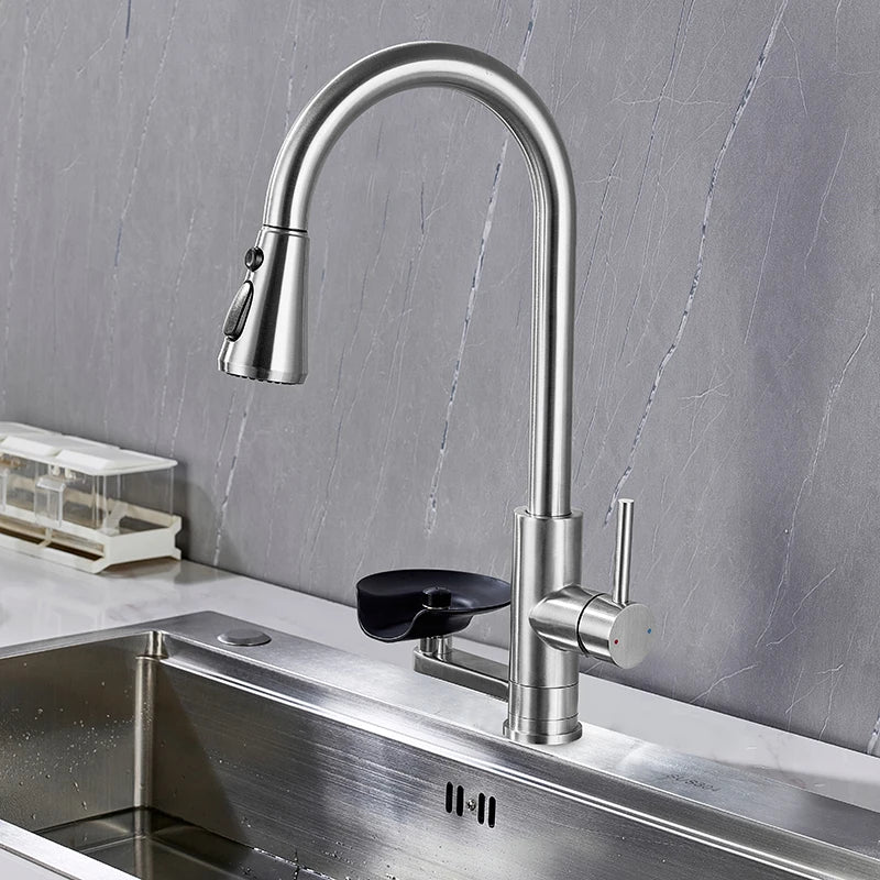 Kitchen Pull Out Faucet With Cup Washer Modern One Handle Kitchen Sink Faucet 3 Function Rotatable 360° Sink Faucet Chrome