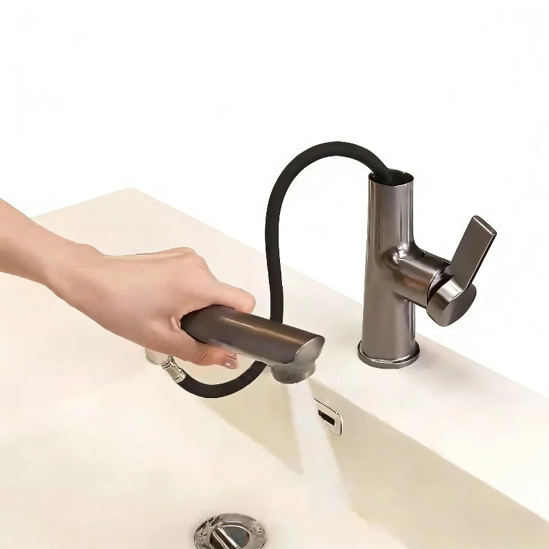 Gun Metal Grey Pull-Out Basin Faucet Single Hole 2 Spray Modes Anti-Splash Swivel Clean Filtered Aerator for Bathroom