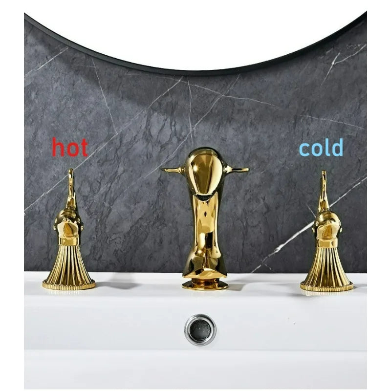 All-copper Gold Bathroom Faucet with 2 Dolphin Handlehot and Cold Double Handle Three-hole Faucet for Bathroom Sink or Bathtub
