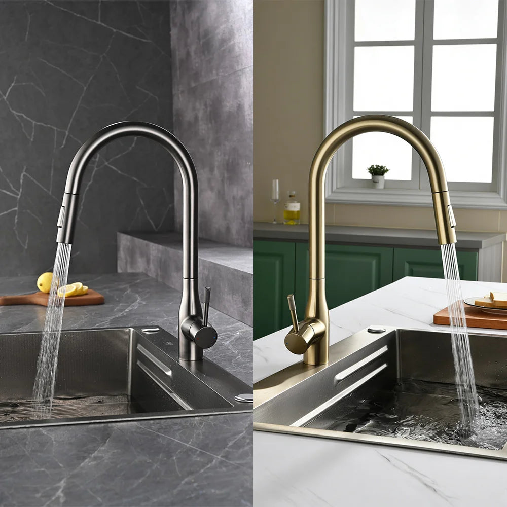 Modern Pull Out Kitchen Sink Faucet 2 Models Stream Sprayer Deck Mounted Kitchen Faucets Nozzle Swivel Hot Cold Water Mixer Taps