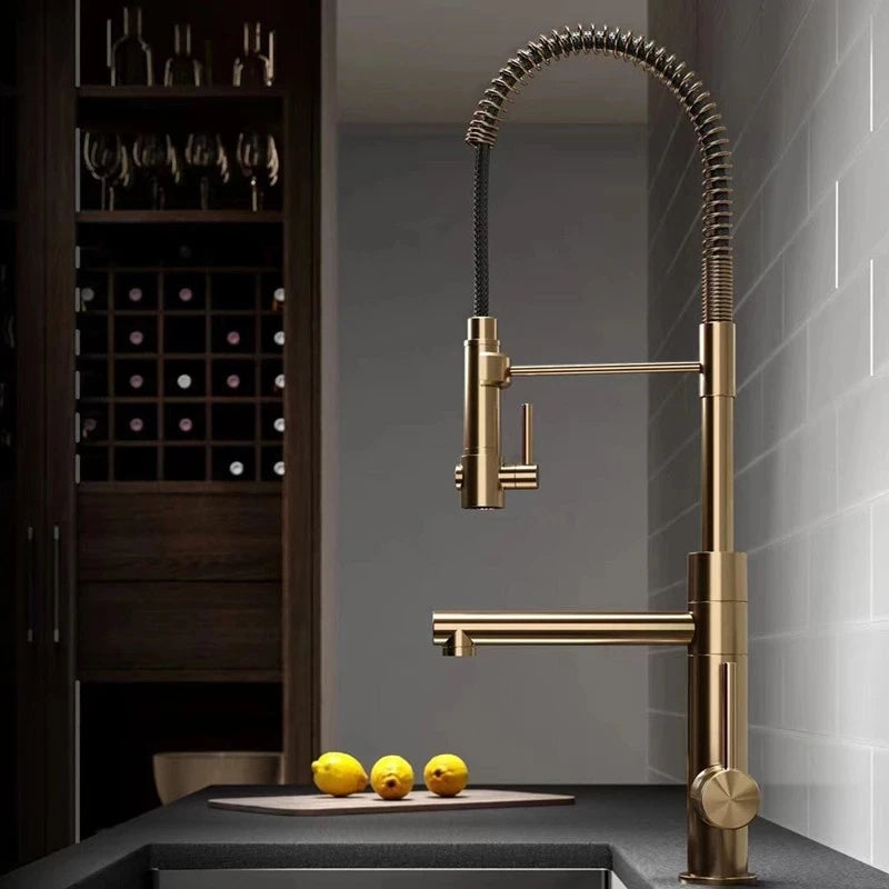Tuqiu Brushed Gold Kitchen Faucets Pull Down Sink Faucet Pull Out Black Spring Spout Mixers Tap Hot Cold Water Crane