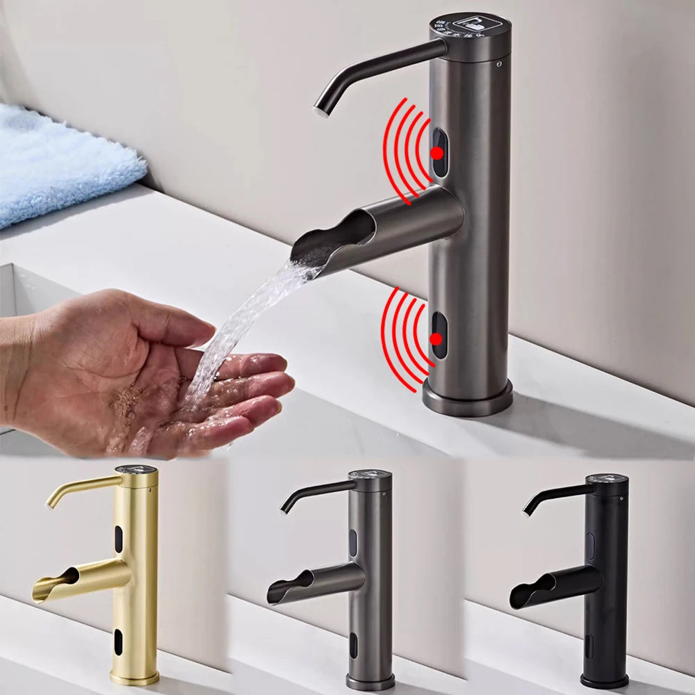 Modern Smart Induction Bathroom Faucet with Soap Dispenser Dual Sensor Washbasin Faucet Automatic Touchless Mixer Basin Sink Tap