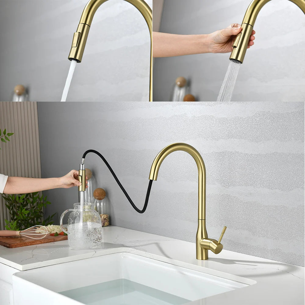 Modern Pull Out Kitchen Sink Faucet 2 Models Stream Sprayer Deck Mounted Kitchen Faucets Nozzle Swivel Hot Cold Water Mixer Taps