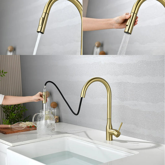 Modern Pull Out Kitchen Sink Faucet 2 Models Stream Sprayer Deck Mounted Kitchen Faucets Nozzle Swivel Hot Cold Water Mixer Taps