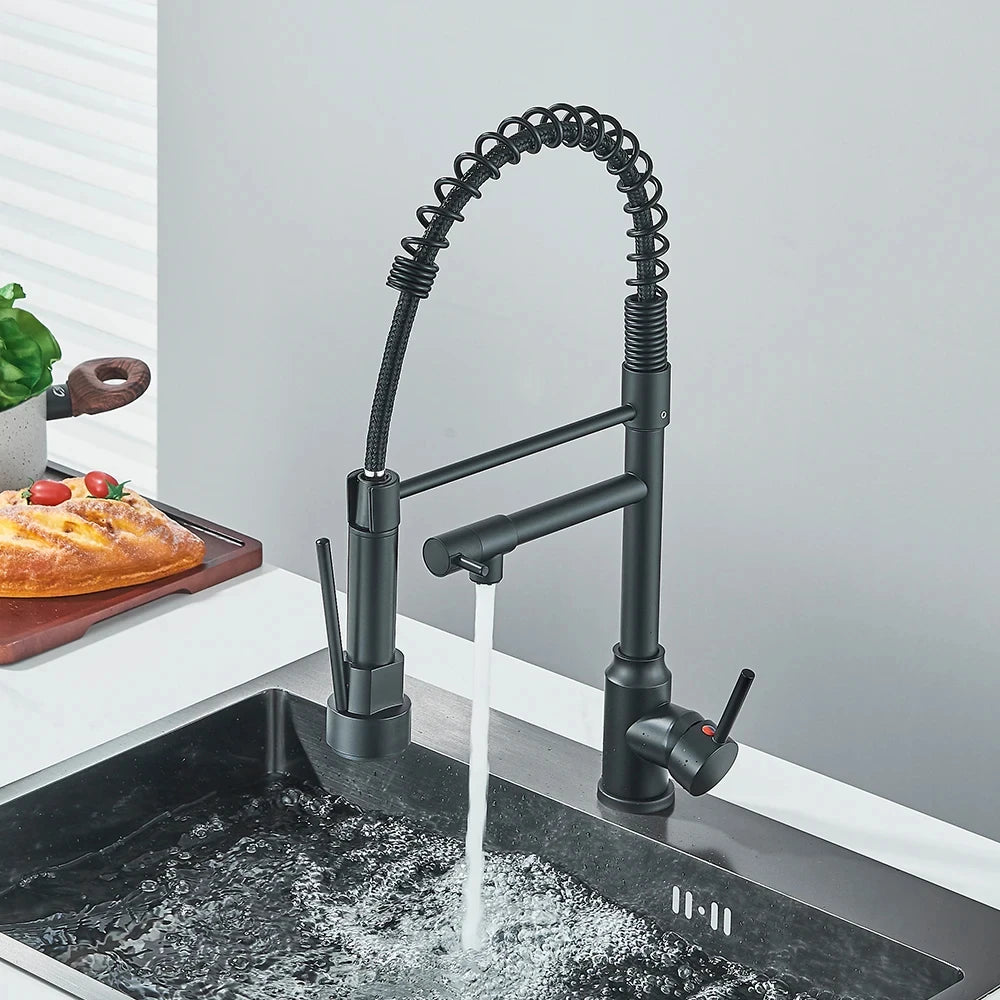 Black Kitchen Sink Faucet Pull-Out Hot and Cold Water Mixing Faucet 2 Modes Double Spout Faucet 360 Degree Rotation