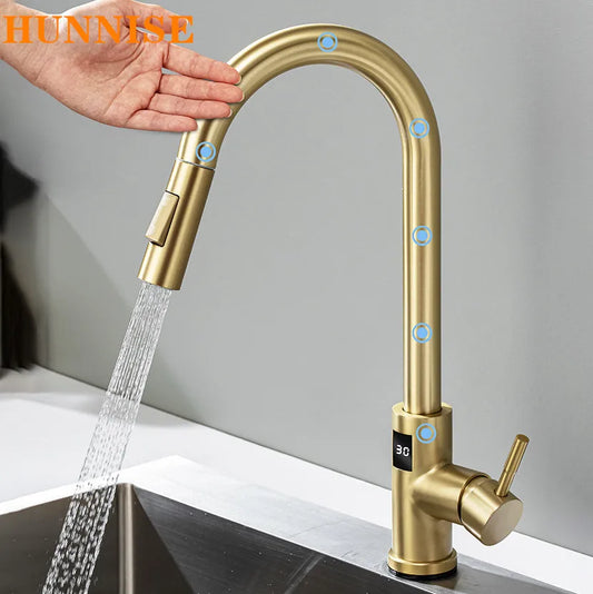Smart Touch Kitchen Faucet with Motion Sensor Hot Cold Pull Out Kitchen Sink Mixer Tap Digital Touch on Activated Kitchen Faucet