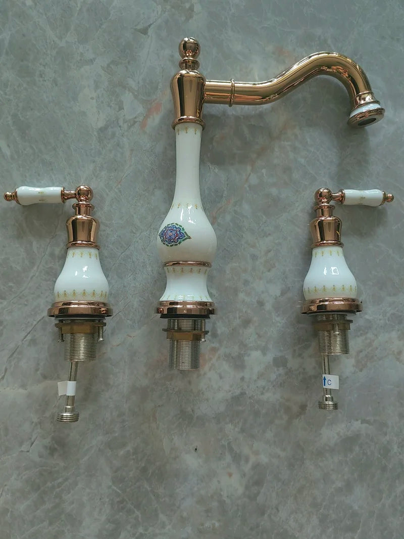 Luxury Rose gold Brass Bathroom sink faucet Three Holes Two Handles High Quality Hot Cold water Basin Faucet Washbowl Tap Golden