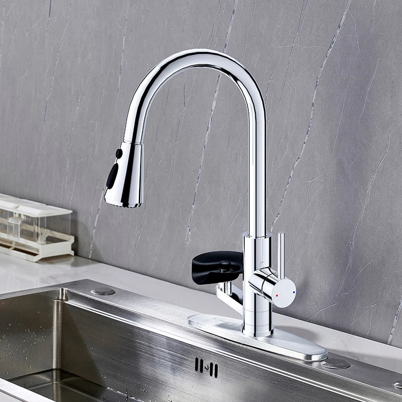 Kitchen Pull Out Faucet With Cup Washer Modern One Handle Kitchen Sink Faucet 3 Function Rotatable 360° Sink Faucet Chrome