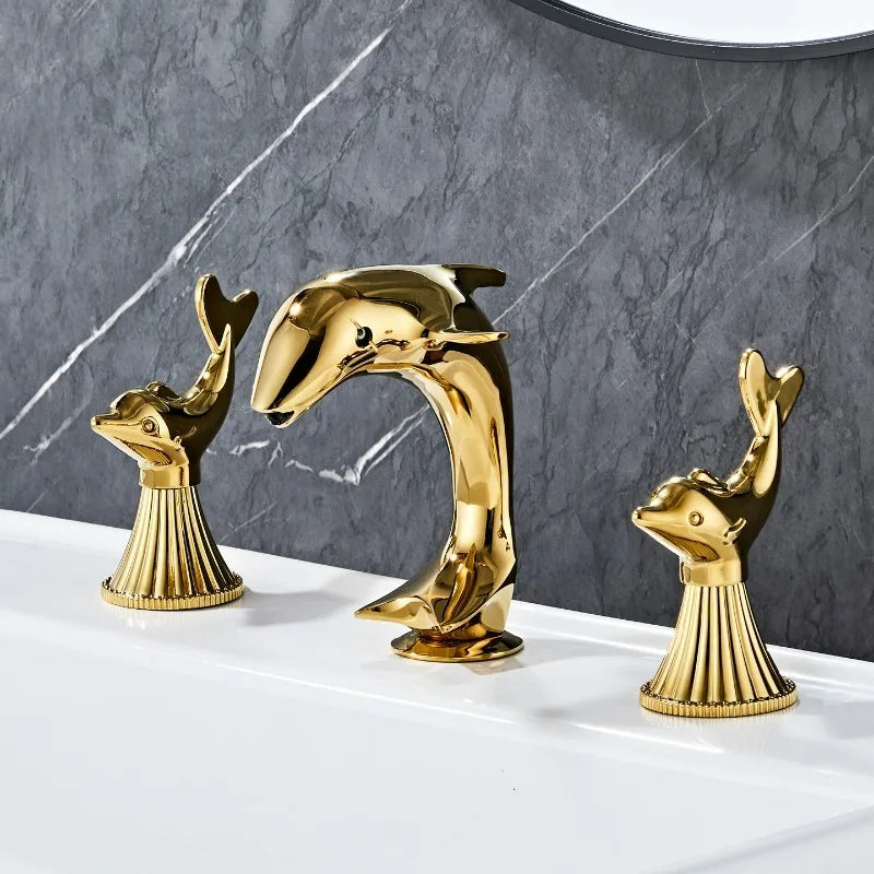 All-copper Gold Bathroom Faucet with 2 Dolphin Handlehot and Cold Double Handle Three-hole Faucet for Bathroom Sink or Bathtub