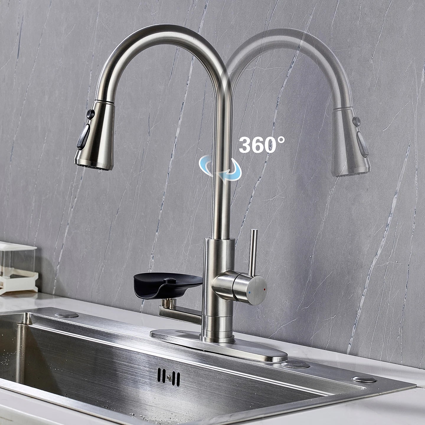 Kitchen Pull Out Faucet With Cup Washer Modern One Handle Kitchen Sink Faucet 3 Function Rotatable 360° Sink Faucet Chrome