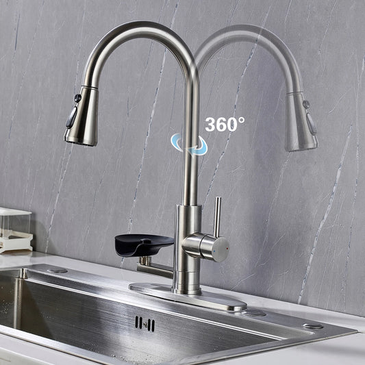 Kitchen Pull Out Faucet With Cup Washer Modern One Handle Kitchen Sink Faucet 3 Function Rotatable 360° Sink Faucet Chrome