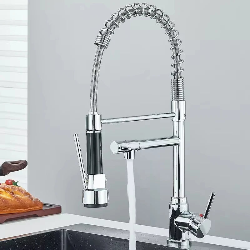 Black Kitchen Sink Faucet Pull-Out Hot and Cold Water Mixing Faucet 2 Modes Double Spout Faucet 360 Degree Rotation