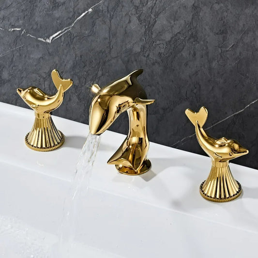 All-copper Gold Bathroom Faucet with 2 Dolphin Handlehot and Cold Double Handle Three-hole Faucet for Bathroom Sink or Bathtub