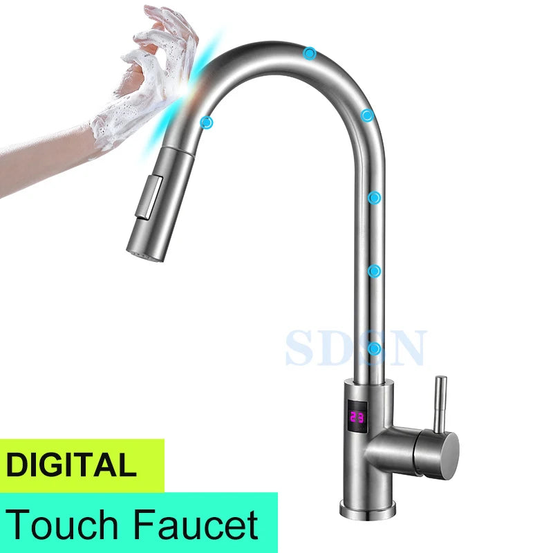 Smart Touch Kitchen Faucet with Motion Sensor Hot Cold Pull Out Kitchen Sink Mixer Tap Digital Touch on Activated Kitchen Faucet