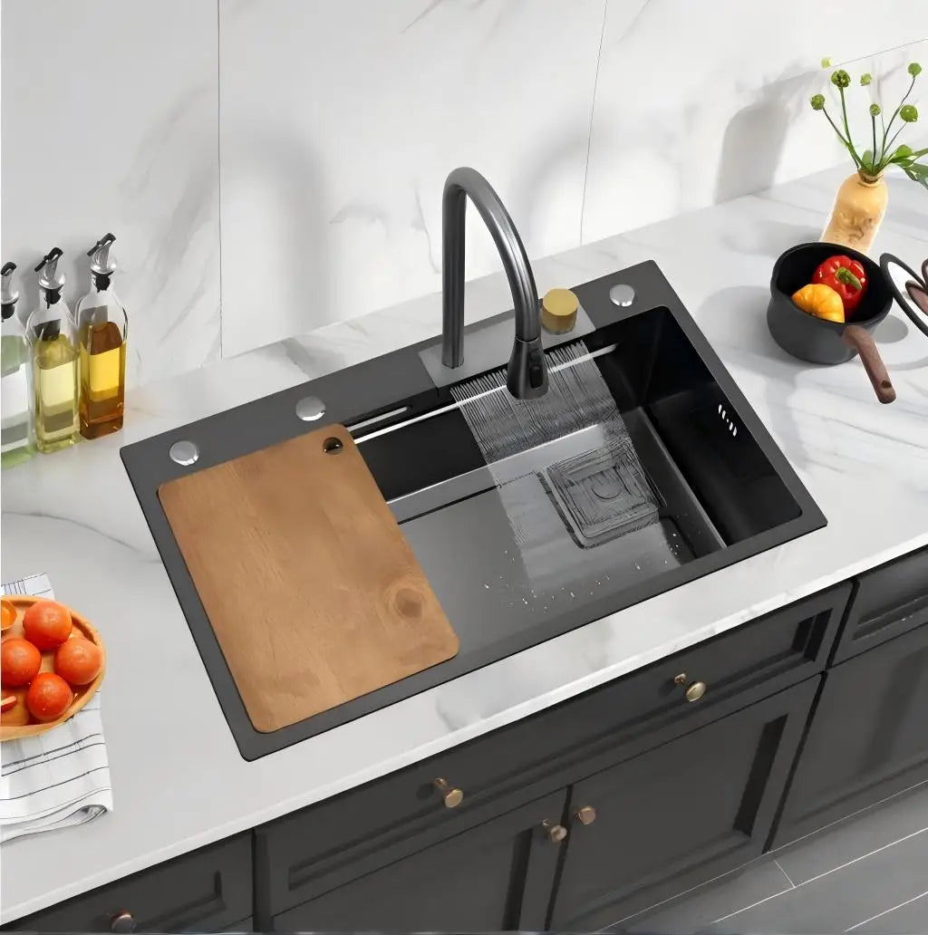 SS201 Stainless Steel Smart Sink Kitchen Waterfall Faucet Honeycomb Grid Design Above Counter Installation Kitchen Faucet Set