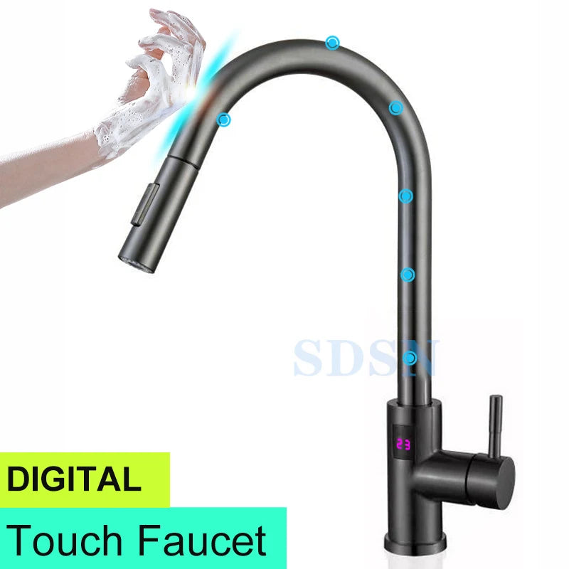 Smart Touch Kitchen Faucet with Motion Sensor Hot Cold Pull Out Kitchen Sink Mixer Tap Digital Touch on Activated Kitchen Faucet
