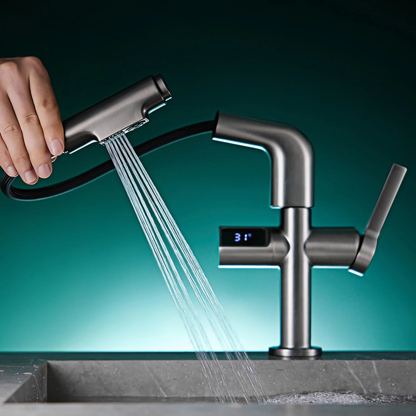 Multi functional black bathroom faucet intelligent induction digital display design cold and hot dual control dial out basin Tap