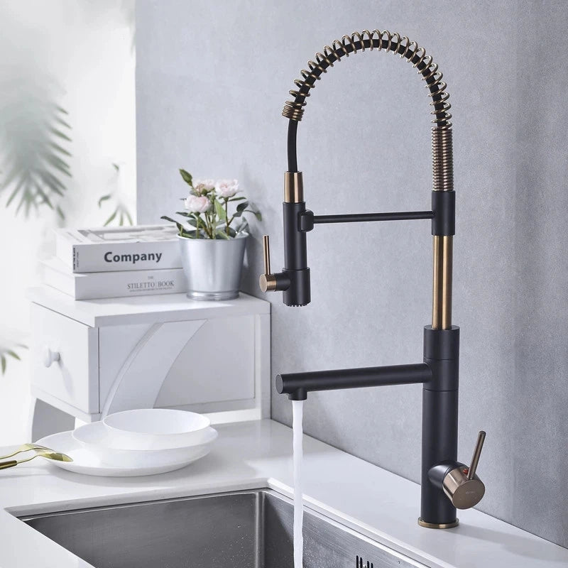 Tuqiu Brushed Gold Kitchen Faucets Pull Down Sink Faucet Pull Out Black Spring Spout Mixers Tap Hot Cold Water Crane