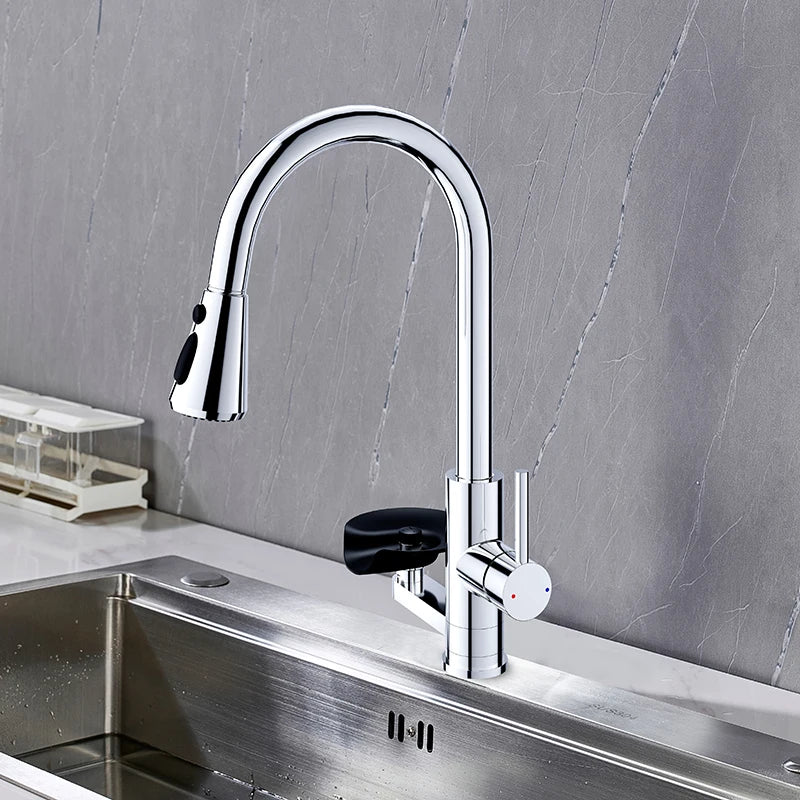 Kitchen Pull Out Faucet With Cup Washer Modern One Handle Kitchen Sink Faucet 3 Function Rotatable 360° Sink Faucet Chrome