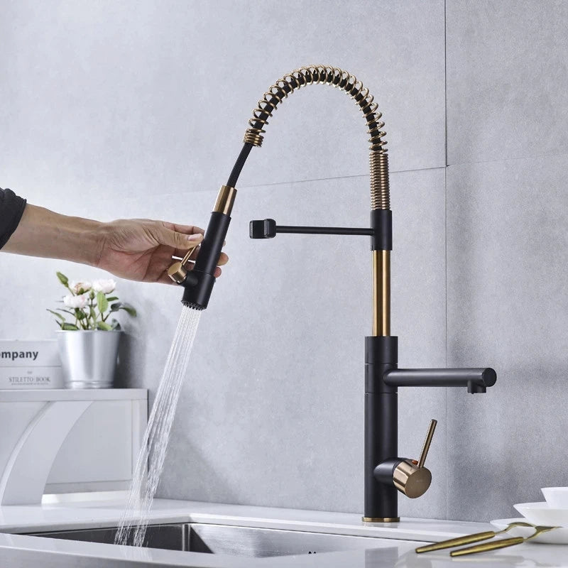 Tuqiu Brushed Gold Kitchen Faucets Pull Down Sink Faucet Pull Out Black Spring Spout Mixers Tap Hot Cold Water Crane