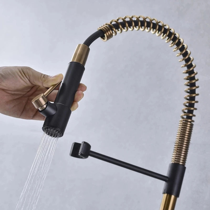 Tuqiu Brushed Gold Kitchen Faucets Pull Down Sink Faucet Pull Out Black Spring Spout Mixers Tap Hot Cold Water Crane