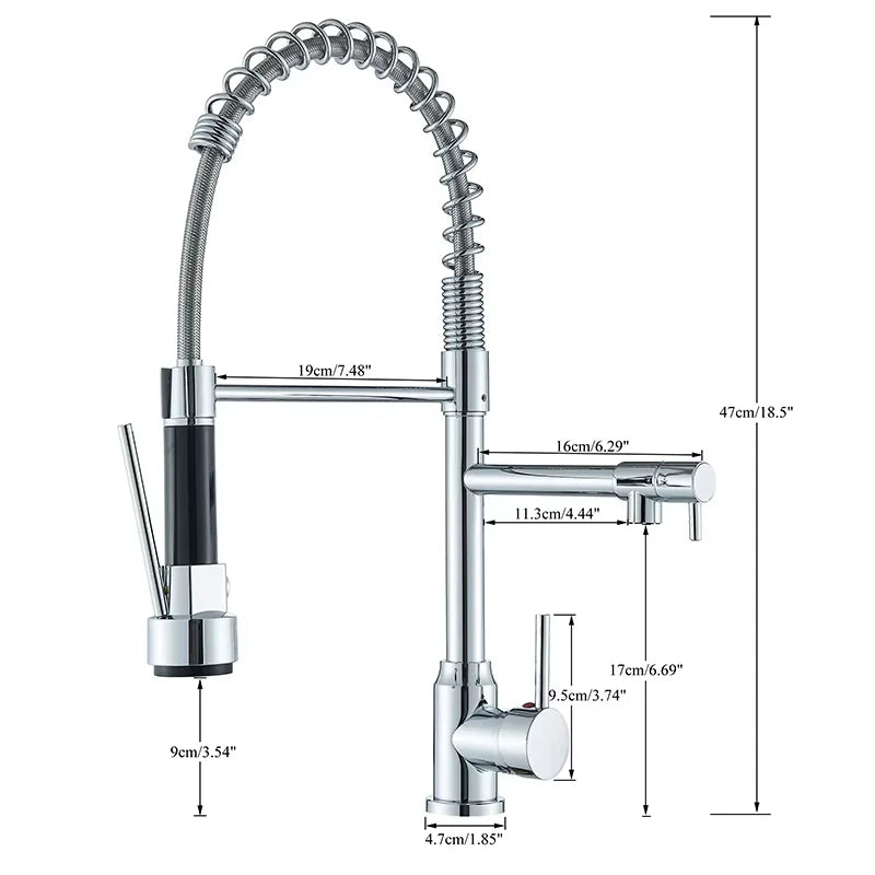 Black Kitchen Sink Faucet Pull-Out Hot and Cold Water Mixing Faucet 2 Modes Double Spout Faucet 360 Degree Rotation