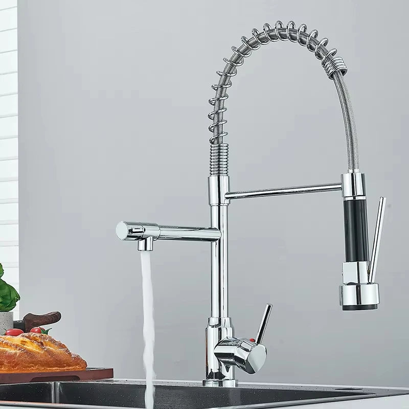 Black Kitchen Sink Faucet Pull-Out Hot and Cold Water Mixing Faucet 2 Modes Double Spout Faucet 360 Degree Rotation