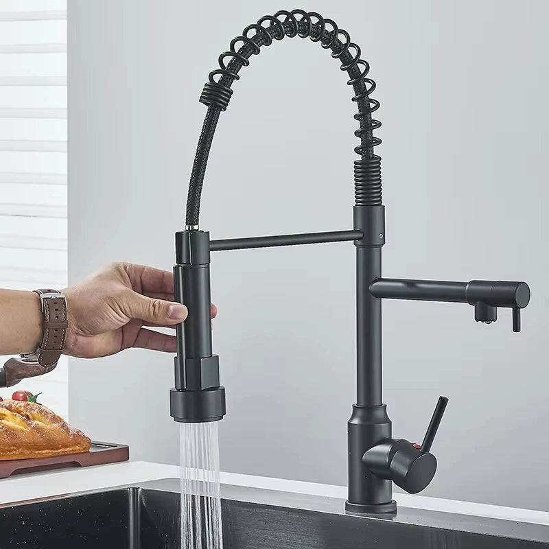 Black Kitchen Sink Faucet Pull-Out Hot and Cold Water Mixing Faucet 2 Modes Double Spout Faucet 360 Degree Rotation