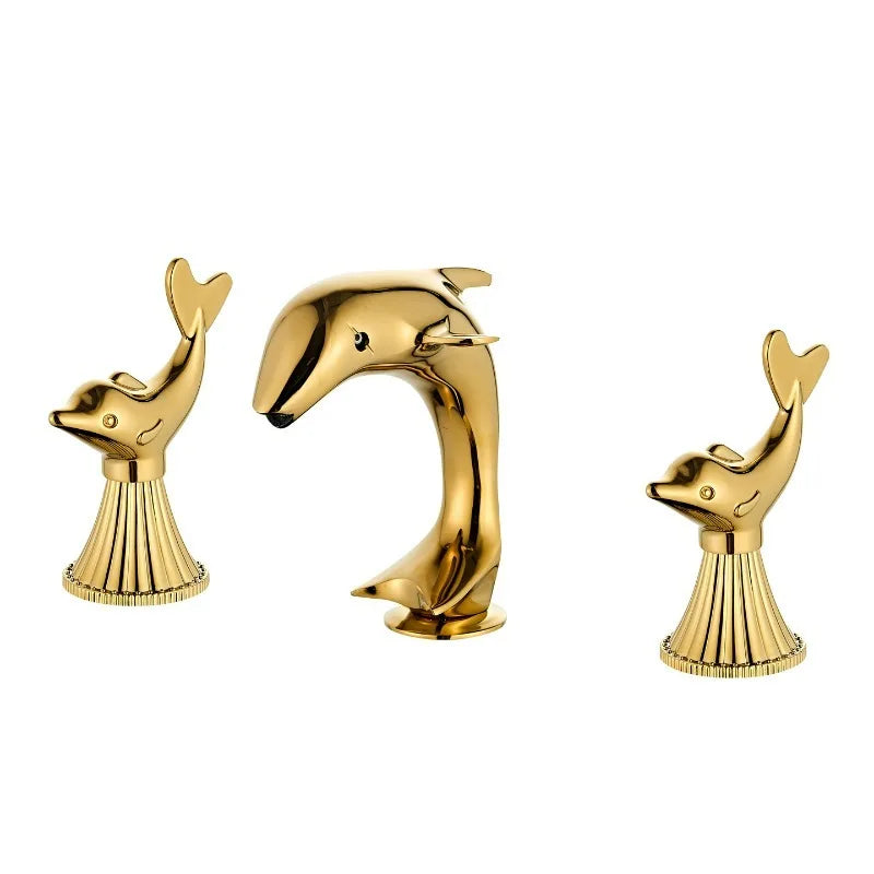 All-copper Gold Bathroom Faucet with 2 Dolphin Handlehot and Cold Double Handle Three-hole Faucet for Bathroom Sink or Bathtub