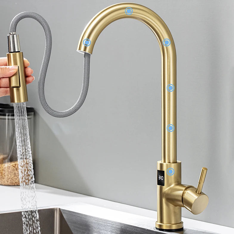 Smart Touch Kitchen Faucet with Motion Sensor Hot Cold Pull Out Kitchen Sink Mixer Tap Digital Touch on Activated Kitchen Faucet