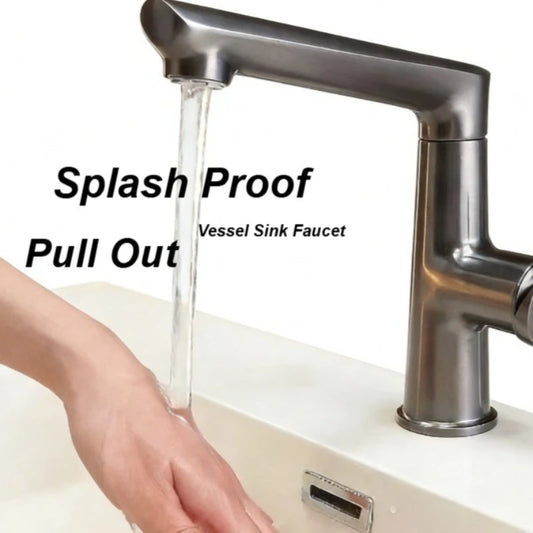 Gun Metal Grey Pull-Out Basin Faucet Single Hole 2 Spray Modes Anti-Splash Swivel Clean Filtered Aerator for Bathroom