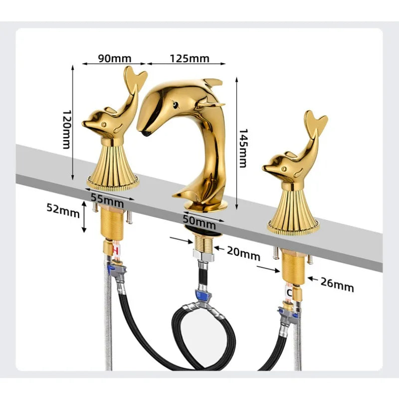 All-copper Gold Bathroom Faucet with 2 Dolphin Handlehot and Cold Double Handle Three-hole Faucet for Bathroom Sink or Bathtub