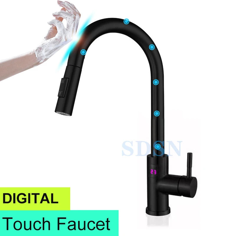 Smart Touch Kitchen Faucet with Motion Sensor Hot Cold Pull Out Kitchen Sink Mixer Tap Digital Touch on Activated Kitchen Faucet