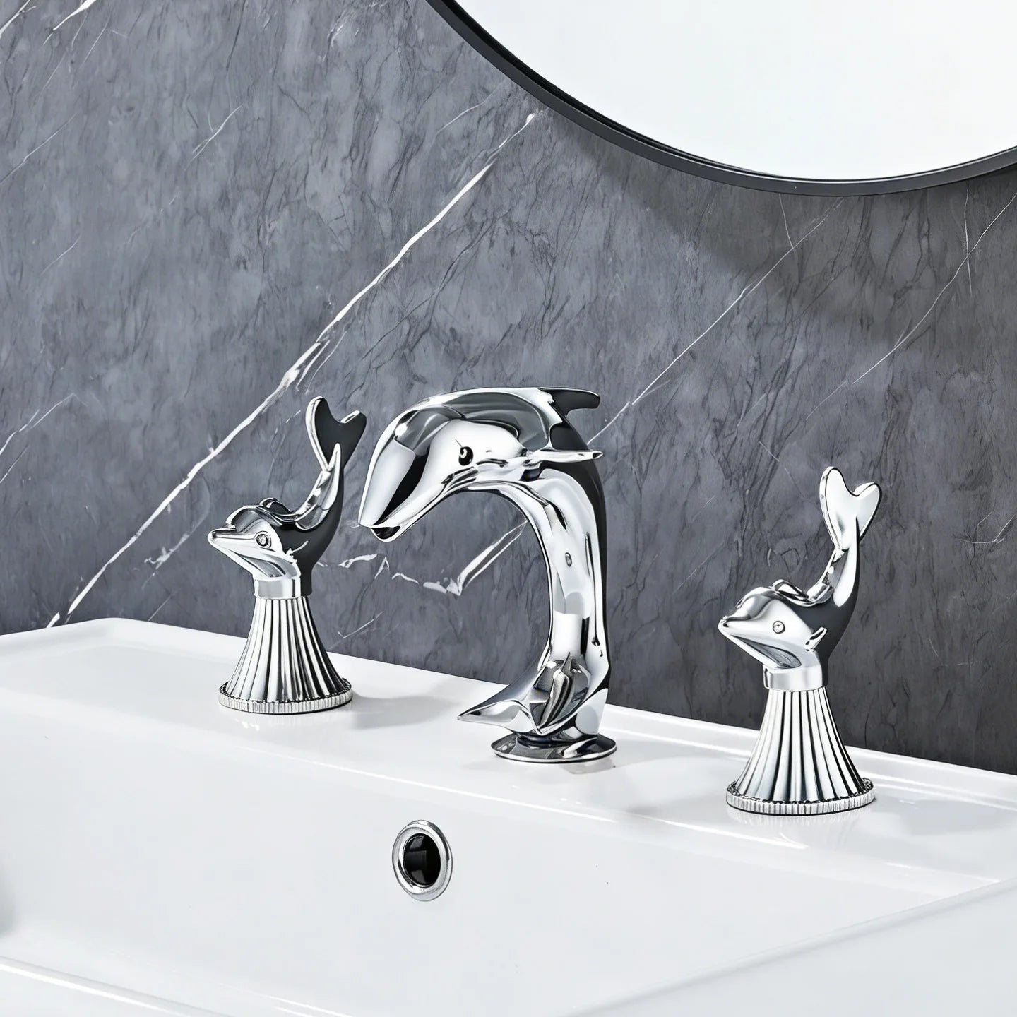 All-copper Gold Bathroom Faucet with 2 Dolphin Handlehot and Cold Double Handle Three-hole Faucet for Bathroom Sink or Bathtub