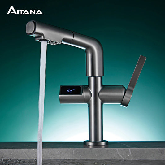 Multi functional black bathroom faucet intelligent induction digital display design cold and hot dual control dial out basin Tap