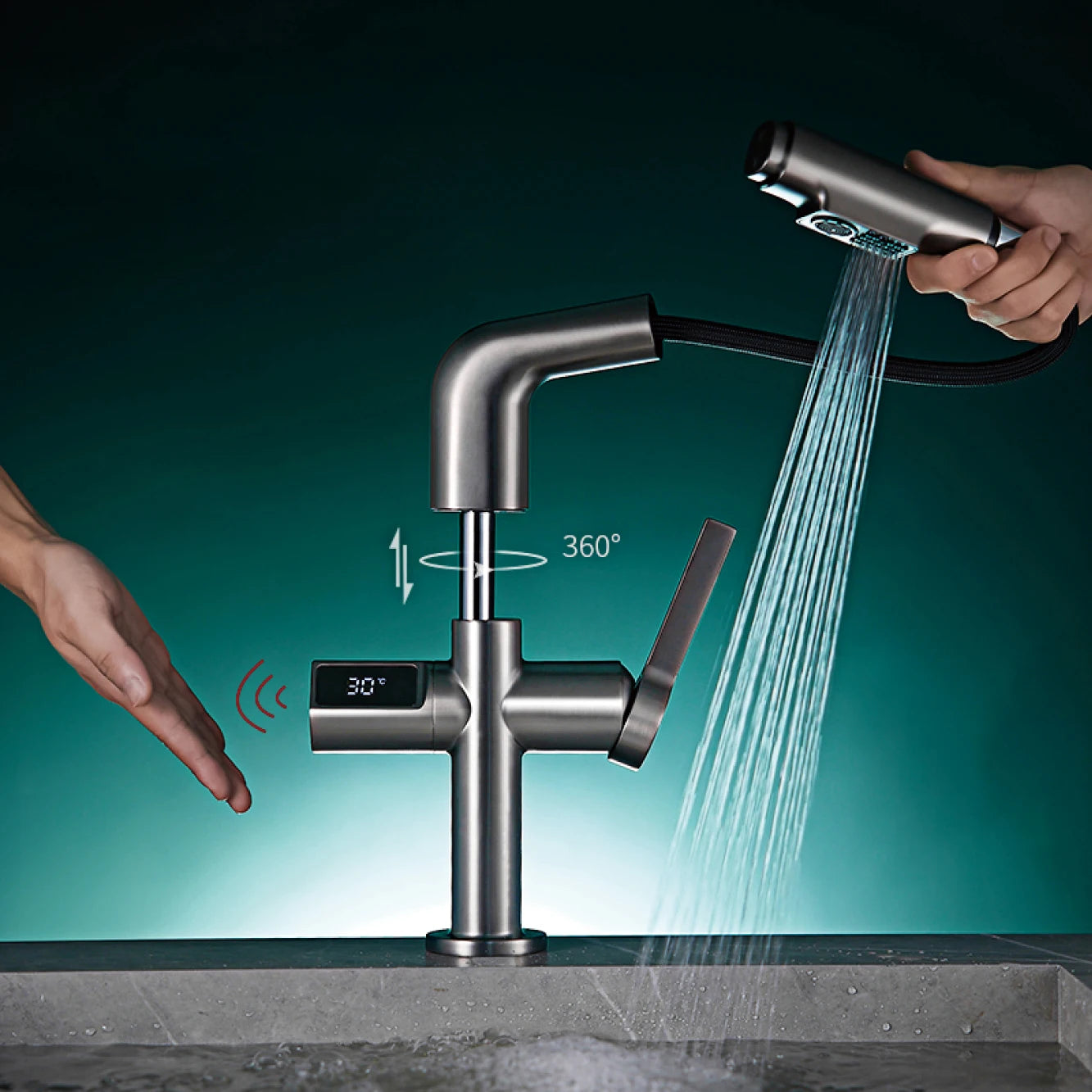Multi functional black bathroom faucet intelligent induction digital display design cold and hot dual control dial out basin Tap
