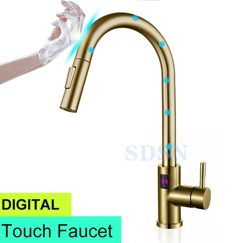 Smart Touch Kitchen Faucet with Motion Sensor Hot Cold Pull Out Kitchen Sink Mixer Tap Digital Touch on Activated Kitchen Faucet